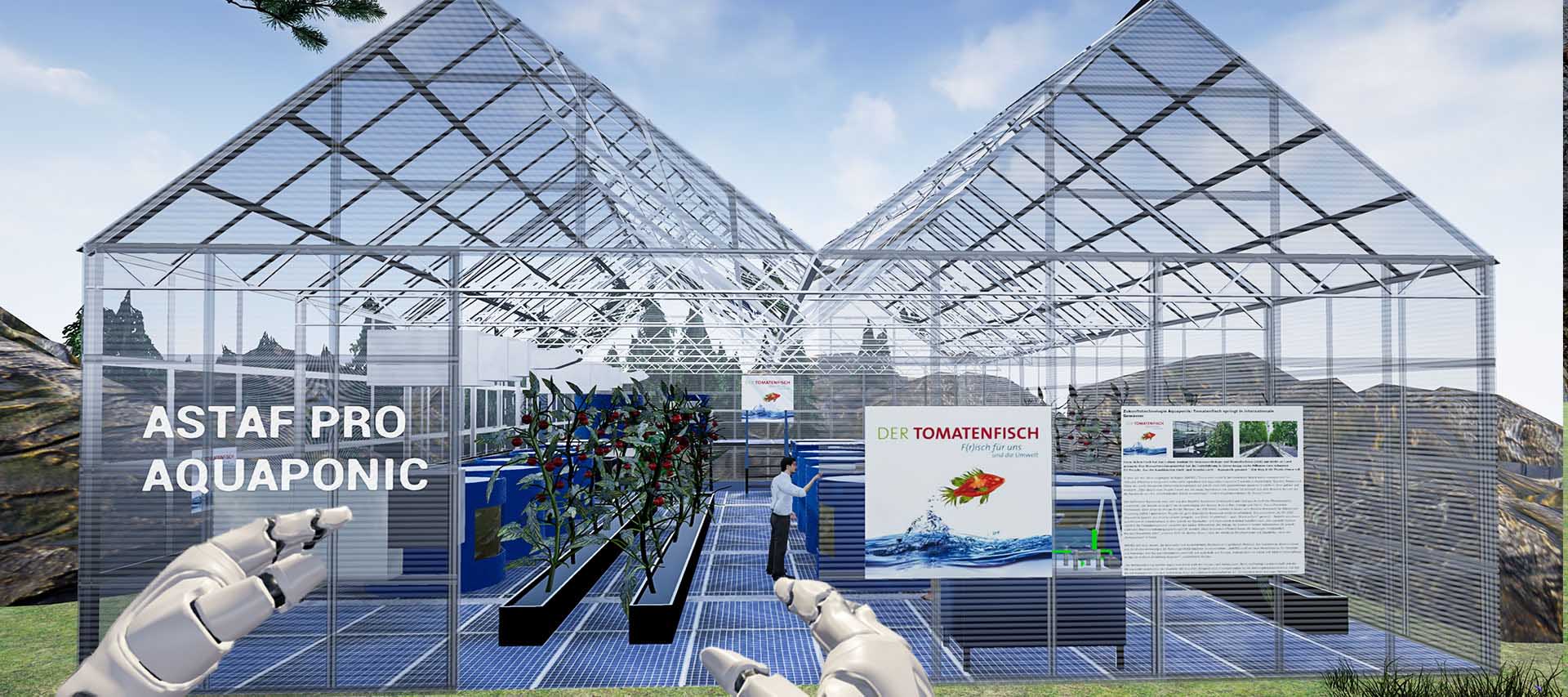 Virtual Reality Environment, User/Gamer besuchen eine virtuelle Fischzucht Anlage (hier Aquaponik)