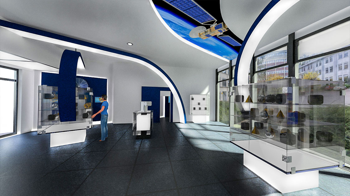 Tesat Spacecom Showroom - Lichtbögen, die Ausstellungs-Vitrinen führen, Deckenfenster ins Weltall