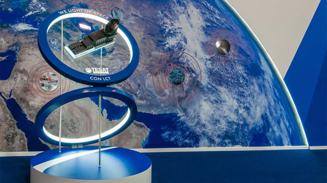 Messestand TESAT Spacecom auf der ILA Berlin 2018. Ausstellungsständer klappbare Ringe beleuchtet. Einzelanfertigung
