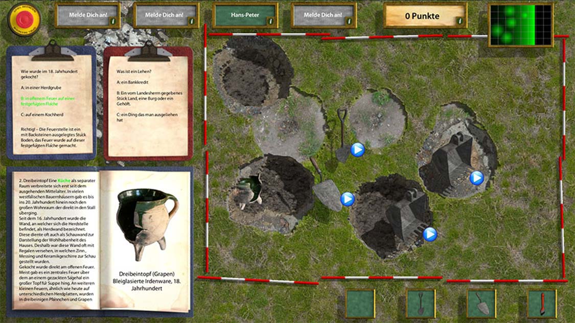 Science Game Archaeologen-Spiel für die Ausstellung Werburg Spenge. Screenshot Multitouch Game Multimedia Installation